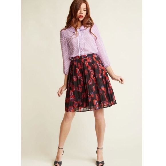 𝅺ModCloth chiffon pleated floral poppy skirt nwot - Picture 1 of 3